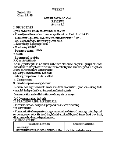 Kế hoạch bài dạy Tiếng Anh Lớp 5 - Tuần 27 - Review 3 + Unit 16 - Năm học 2024-2025 - Lê Thị Khang