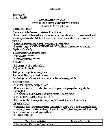 Kế hoạch bài dạy Tiếng Anh Lớp 5 - Tuần 28 - Unit 16: Seasons and the weather - Năm học 2024-2025 - Lê Thị Khang