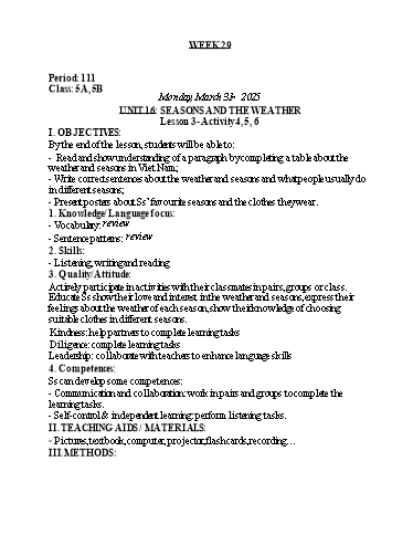 Kế hoạch bài dạy Tiếng Anh Lớp 5 - Tuần 29 - Unit 16 + Unit 17 - Năm học 2024-2025 - Lê Thị Khang