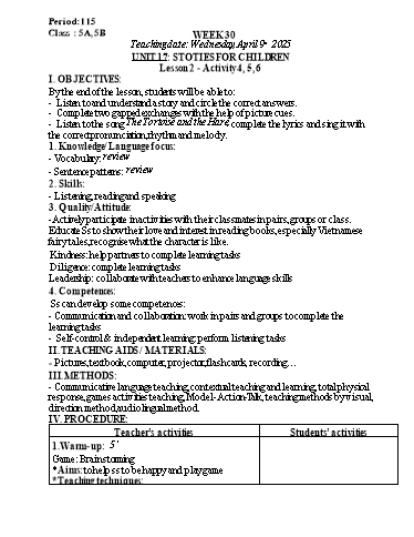 Kế hoạch bài dạy Tiếng Anh Lớp 5 - Tuần 30 - Unit 17: Stories for children - Năm học 2024-2025 - Lê Thị Khang