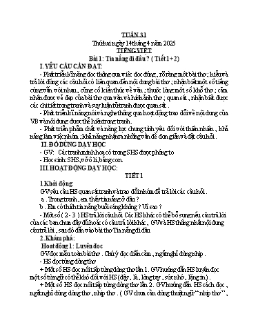 Kế hoạch bài dạy Toán + Tiếng Việt Lớp 1 - Tuần 31 - Năm học 2024-2025 - Nguyễn Thị Hoa