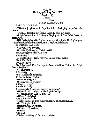 Kế hoạch bài dạy Toán & Tiếng Việt Lớp 1+2 - Tuần 27 - Năm học 2024-2025 - Đặng Thị Thu Thủy