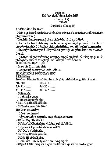 Kế hoạch bài dạy Toán & Tiếng Việt Lớp 1+2 - Tuần 28 - Năm học 2024-2025 - Đặng Thị Thu Thủy