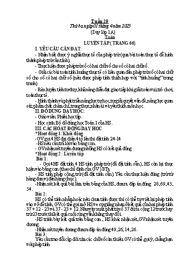 Kế hoạch bài dạy Toán & Tiếng Việt Lớp 1+2 - Tuần 29 - Năm học 2024-2025 - Đặng Thị Thu Thủy