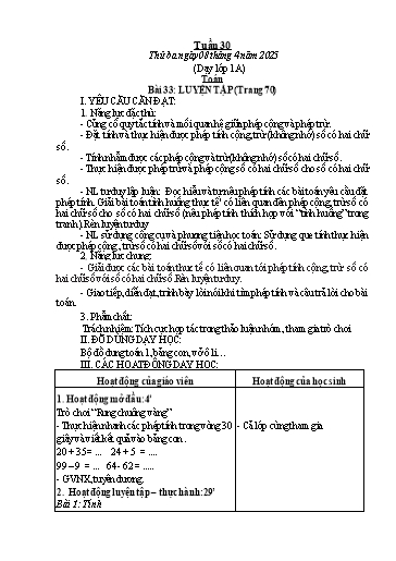 Kế hoạch bài dạy Toán & Tiếng Việt Lớp 1+2 - Tuần 30 - Năm học 2024-2025 - Đặng Thị Thu Thủy