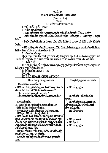 Kế hoạch bài dạy Toán & Tiếng Việt Lớp 1+2 - Tuần 31 - Năm học 2024-2025 - Đặng Thị Thu Thủy