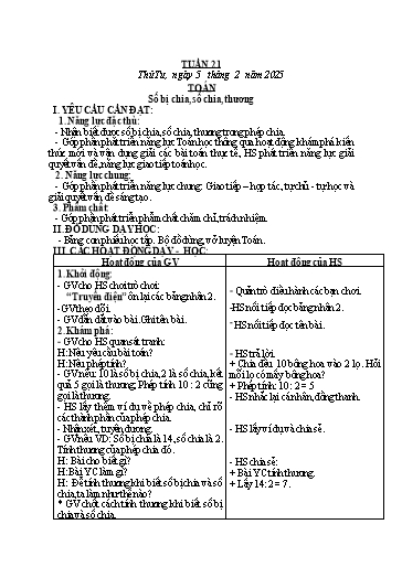 Kế hoạch bài dạy Toán + Tiếng Việt Lớp 2 - Tuần 21 - Năm học 2024-2025 - Phan Thị Thúy Hoa