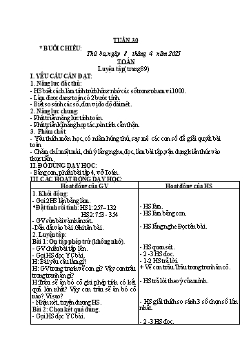 Kế hoạch bài dạy Toán + Tiếng Việt Lớp 2 - Tuần 30 - Năm học 2024-2025 - Phan Thị Thúy Hoa