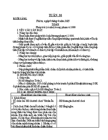 Kế hoạch bài dạy Toán + Tiếng Việt Lớp 2 - Tuần 30 - Năm học 2024-2025 - Trần Thị Hoài Trang